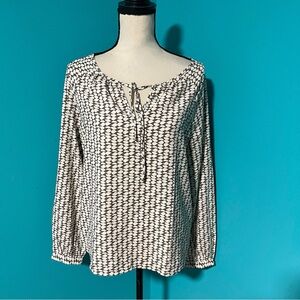 Ann Taylor M Brown Print Tie Front Split Neck Blouse Top